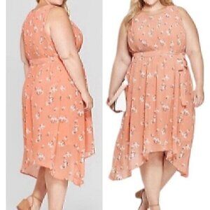 AVA & VIV Plus Size Floral Pleated Midi Dress Peach Pink Orange Hi-Lo 1X NO BELT